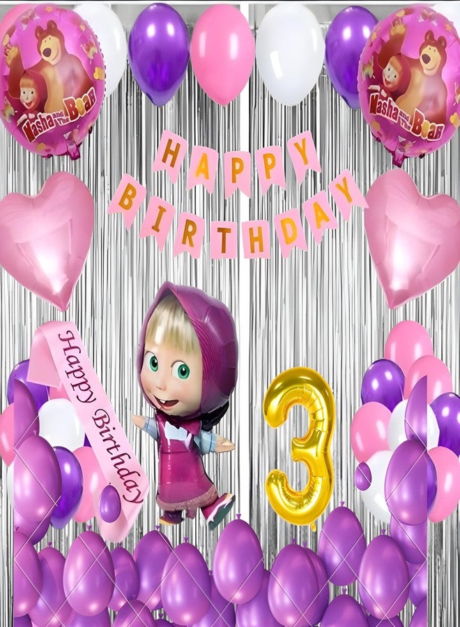 GROOVY DUDZ GROOVYDUDZ Birthday Decoration Kit for Girls - 52 Pcs | Masha Theme Party Supplies | Happy Birthday Banner, Balloons, Curtains, Foil Numbers, Masha Foil Balloon, Heart Balloons, Sash & More (3 Year) - Image 1